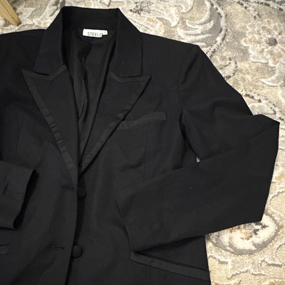 STEELE Black Blazer Womens XS Longline Stretch Tailored Jacket Classic Career - Picture 1 of 6
